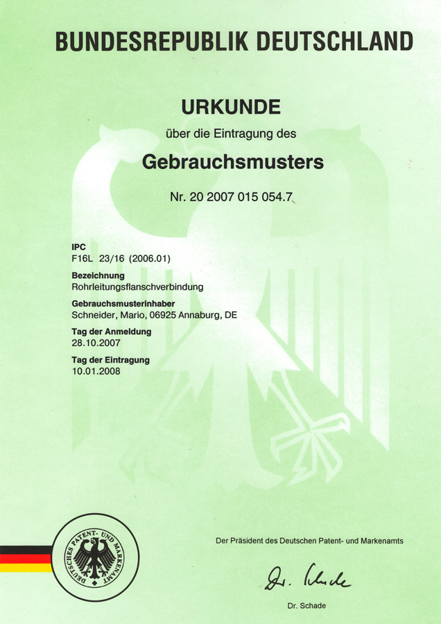 Patent-Urkunde_2020070150547 Rohrleitungsflanschverbindung Urkunde über die Eintragung des Gebrauchsmusters Nr. 20 2007 015 054.7 Rohrleitungsflanschverbindung (mit durchgehender Begleitheizung ohne Bypässe)