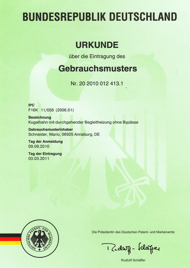 Urkunde über die Eintragung des Gebrauchsmusters Nr. 20 2010 012 413.1 Kugelhahn mit durchgehender Begleitheizung ohne Bypässe