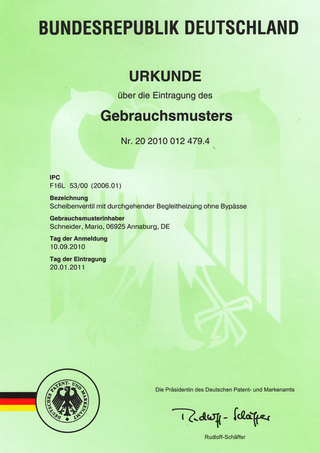 Patent-Urkunde_2020100124794 Scheibenventil mit durchgehender Begleitheizung ohne Bypässe Urkunde über die Eintragung des Gebrauchsmusters Nr. 20 2010 012 479.4 Scheibenventil mit durchgehender Begleitheizung ohne Bypässe